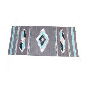 Handwoven Southwestern Aztec Tribal Wool Rug Gray Table Runner Blue Grey Fringe